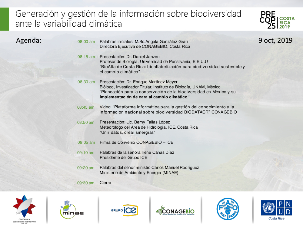 Agenda de evento Generación y gestión de la información sobre biodiversidad ante la variabilidad climática